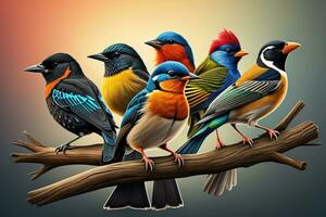 ai generato vettore illustrazione di un' gruppo di colorato uccelli seduta su un' ramo. ai generativo foto