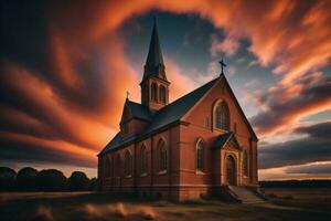 ai generato Chiesa nel il campo a tramonto. drammatico cielo. religione concetto. ai generato foto