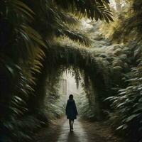 ai generato un' giovane donna a piedi attraverso un' tunnel di felci nel il foresta pluviale. generativo ai foto