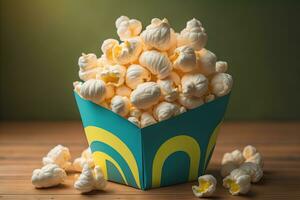 ai generato Popcorn nel un' carta scatola su un' solido colore sfondo. ai generativo foto