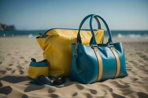 ai generato blu e giallo spiaggia Borsa su il sabbia vicino il mare. estate vacanza concetto. generativo ai foto