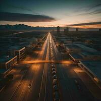 ai generato aereo Visualizza di autostrada nel il città a tramonto. lungo esposizione. generativo ai foto