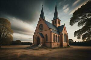 ai generato Chiesa nel il campagna a tramonto. bellissimo paesaggio con Chiesa nel il sera. generativo ai foto