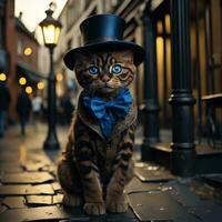 ai generato divertente Bengala gattino nel un' superiore cappello e arco cravatta seduta su il strada. generativo ai foto