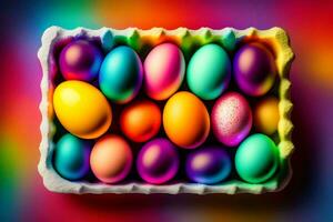 ai generato colorato Pasqua uova nel un' scatola su un' colorato sfondo. generativo ai foto