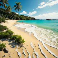 ai generato bellissimo tropicale spiaggia con Noce di cocco palma alberi e turchese acqua. generativo ai foto