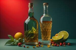 ai generato composizione con bottiglie di Tequila, lime e erbe aromatiche su blu sfondo. generativo ai foto