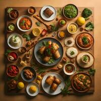 ai generato indiano cibo su di legno sfondo. assortito indiano piatti, superiore Visualizza. generativo ai foto