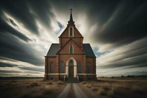 ai generato Chiesa nel il deserto con tempestoso cielo. generativo ai foto