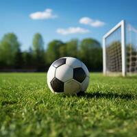 ai generato calcio palla su verde erba creato con generativo ai tecnologia foto