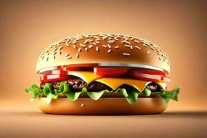 ai generato un' Hamburger è mostrato su un' Marrone sfondo foto