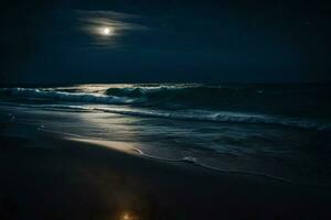 ai generato un' pieno Luna brilla al di sopra di il oceano a notte foto