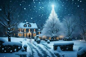 ai generato un' Natale albero è illuminato su nel il neve foto