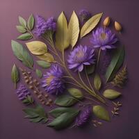 ai generato bellissimo floreale sfondo con viola fiori e le foglie. vettore illustrazione. generativo ai foto