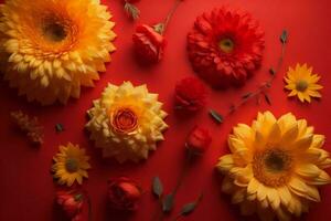 ai generato fiori composizione. colorato gerbera fiori su rosso sfondo. piatto posizione, superiore Visualizza, copia spazio. generativo ai foto