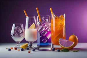 ai generato colorato cocktail con ghiaccio cubi, arancia e mirtillo su viola sfondo. generativo ai foto