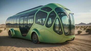 ai generato verde autobus nel il deserto su un' soleggiato giorno. generativo ai foto