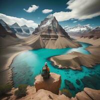 ai generato escursione nel il montagne. fantastico paesaggio con lago e montagne. generativo ai foto