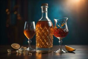 ai generato Cognac o Brandy nel bicchieri e bottiglie su un' buio sfondo. generativo ai foto