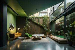 ai generato interno di moderno vivente camera con verde muri, calcestruzzo pavimento, verde divano e caffè tavolo. generativo ai foto