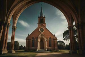 ai generato Chiesa nel il parco. Vintage ▾ stile tonica immagine, morbido messa a fuoco. generativo ai foto