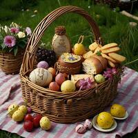 ai generato Pasqua cestino con uova e pasticcini nel il giardino su erba. generativo ai foto