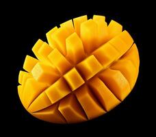 ai generato affettato Mango frutta su nero sfondo, superiore Visualizza foto