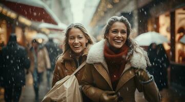 ai generato Due donne siamo nel il mezzo di il pioggia e neve Tenere shopping borse foto