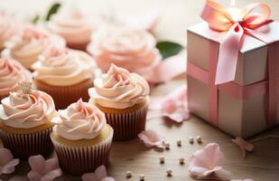 ai generato Cupcake su un' di legno tavolo Il prossimo per i regali e rosa fiori foto
