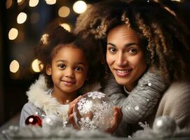 ai generato un afro americano madre e figlia Tenere su il Natale ornamenti foto