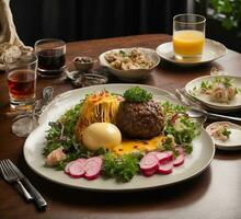 ai generato Manzo filetto di manzo con schiacciato patate, insalata, ravanello e salsa foto