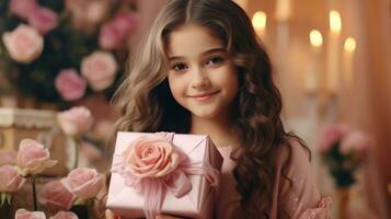 ai generato un' ragazza Tenere un' rosa regalo scatola nel davanti di Rose foto