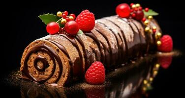 ai generato un' cioccolato rotolo con Natale alberi e palline foto