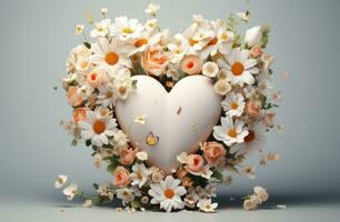 ai generato un' grande bianca cuore con fiori circostante esso foto