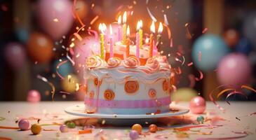 ai generato un' compleanno torta è visualizzato con illuminato candele su superiore foto