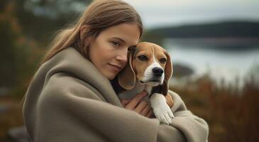 ai generato donna abbracciare un' beagle mentre su nel il natura selvaggia foto