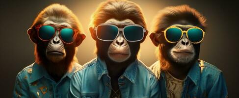 ai generato tre scimmie nel occhiali da sole siamo vestito su per un' prestazione foto