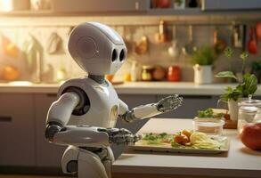 ai generato Roberto robot in piedi nel il cucina foto