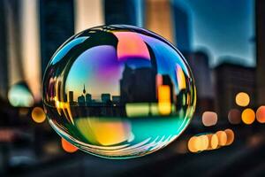 ai generato un' colorato bolla con un' città nel il sfondo foto