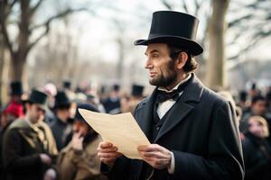 ai generato Abramo Lincoln impersonatore lettura gettysburg indirizzo foto