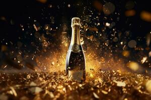 ai generato Champagne bottiglia con d'oro coriandoli su buio sfondo. celebrazione concetto, sfondo di un' festa con un' d'oro Champagne bottiglia, ai generato foto