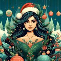 ragazza nel Natale manifesto stile con un' festa, alberi, e palle nel il sfondo foto