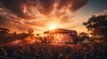 ai generato energico vivere musica Festival atmosfera con entusiasta folla gozzovigliando nel tramonto prestazione all'aperto foto