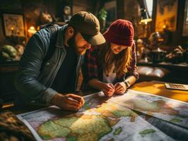 ai generato un' gioioso coppia impegnato nel viaggio pianificazione con mappe, viaggio guide, e elettronico gadget foto