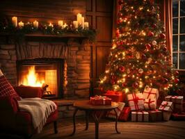 ai generato un' festivo e invitante Natale decorato vivente camera con un' rifilato albero e avvolto i regali foto