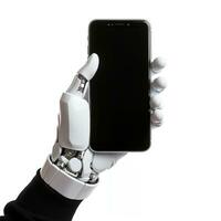 ai generato robot mano con smartphone isolato su bianca sfondo bianca smartphone schermo foto