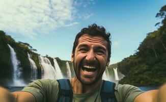 ai generato contento maschio turista assunzione autoscatto in piedi a il cascata nel natura foto