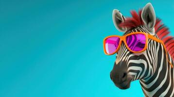 ai generato divertente zebra indossare occhiali da sole al di sopra di il occhi con testo didascalia di zebre foto