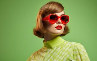 ai generato elegante femmina giovane donna nel occhiali da sole su verde sfondo foto