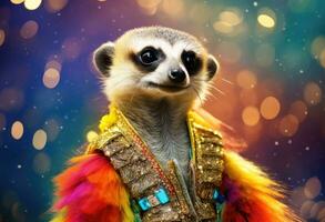 ai generato un' meerkat nel un' giallo e viola attrezzatura foto